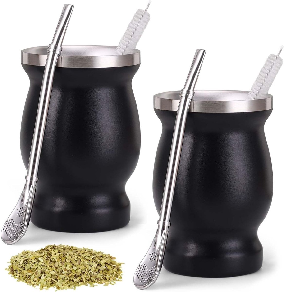 Dubbelwandige RVS Mate Kopjes Set met Lepel en Schoonmaakborstel voor Koffie, Melk en Sap (Zwart)