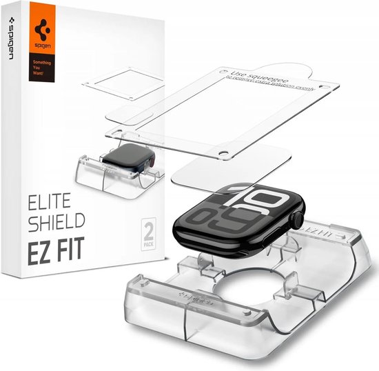 Spigen EliteShield EZ Fit screenprotector voor Apple Watch 10, 2 stuks, met applicator en horloge.