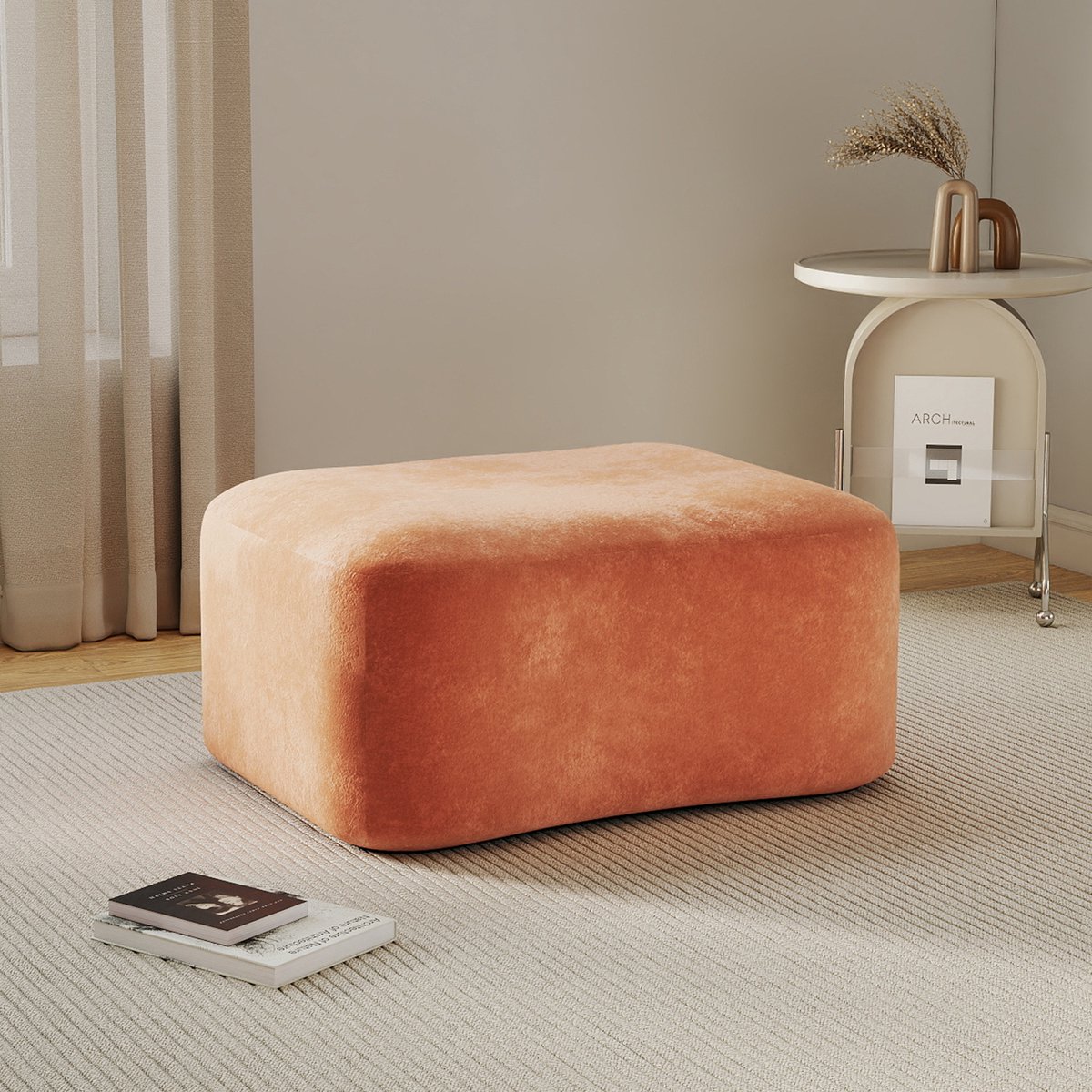 HAUSS SPOLE Voetenbankje - Zacht Fluweel Design - Met 32D Schuimvulling En Frameloze Vorm - Voor Woonkamer En Appartement - Oranje