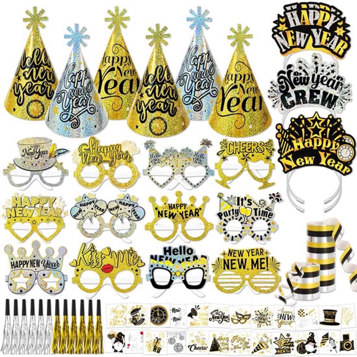 78 stuks glitter 2026 nieuwjaarsfeestaccessoires gunst, laserhoeden bril streamers tatoeages feestblazers hoofdband voor 2026 oudejaarsavond feestpakket rekwisieten, zwart goud zilver