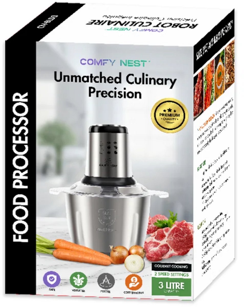 Foodprocessor – Elektrische Hakmolen – 1000W – 3 Liter RVS Kom – Voor Groente en Vlees – Zilver