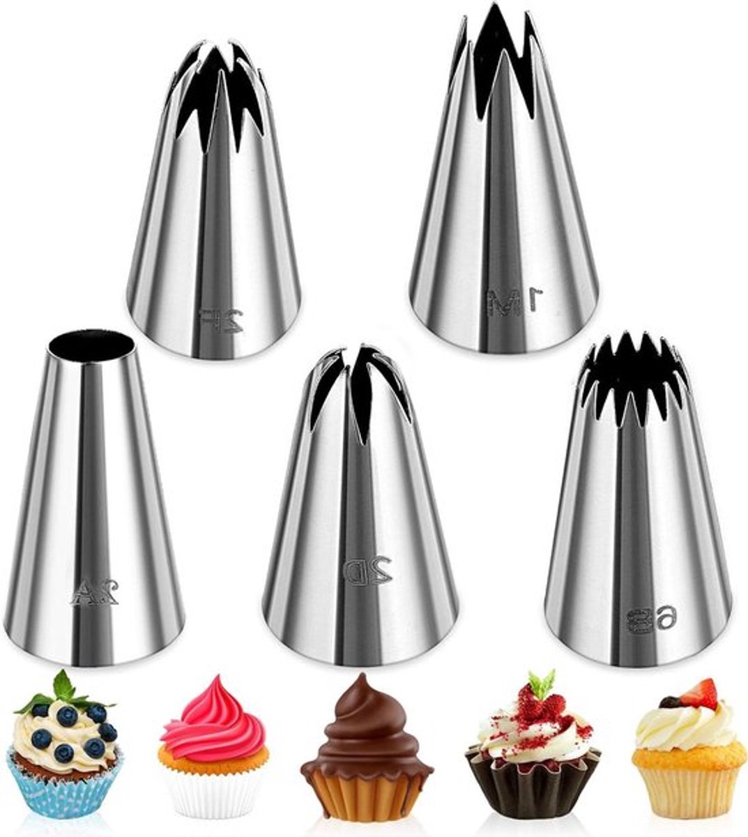Set van 5 roestvrijstalen spuittips voor taartdecoratie met diverse vormen (1M, 6B, 2A, 2D, 2F) voor nauwkeurig en creatief glazuur aanbrengen