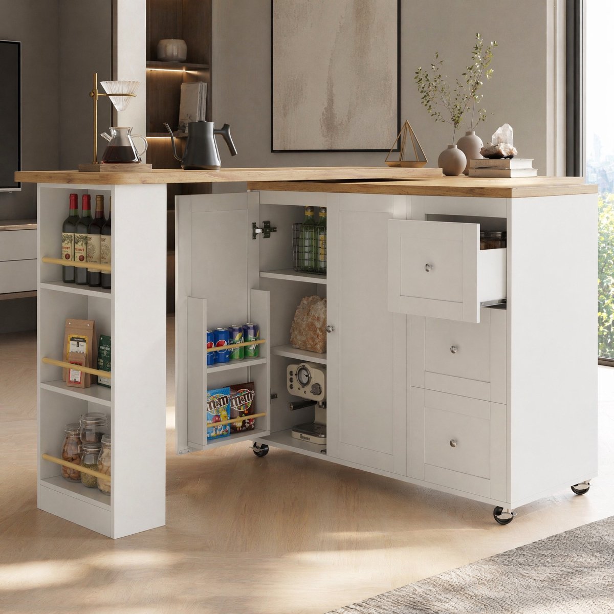 COVREO Bartafel 203x39x106 cm - uitklapbaar, 360° draaibaar, op wielen, wit