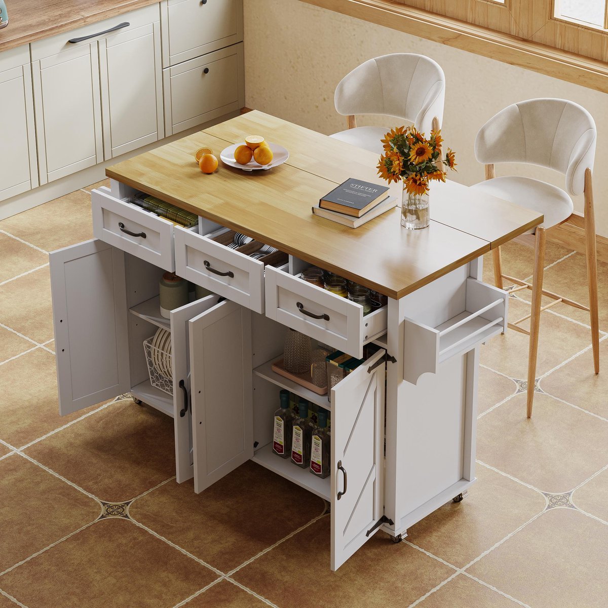 COVREO Keukenkast 140 x 43(70) x 90,5 cm - met 4 deuren, 3 lades, rollen, wit/naturel