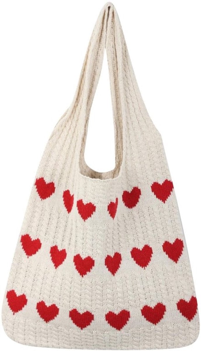 Gebreide schoudertas voor dames, strandtas, opvouwbare nettas, geweven handtas, casual tas groot voor werk, reizen, vakantie (rood hart)