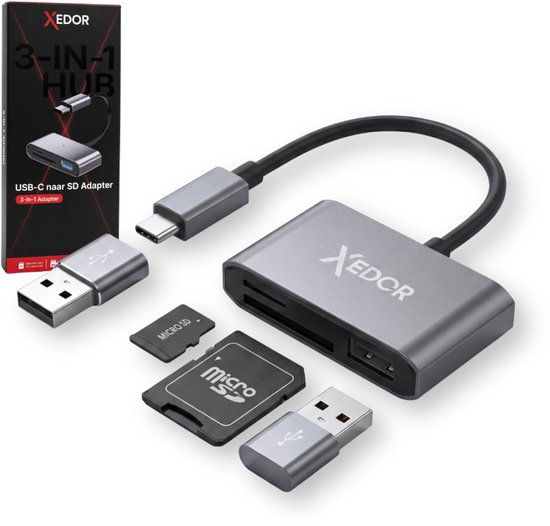 Xedor 3-in-1 hub, USB-C naar SD adapter, USB-A adapter en micro SD kaart.