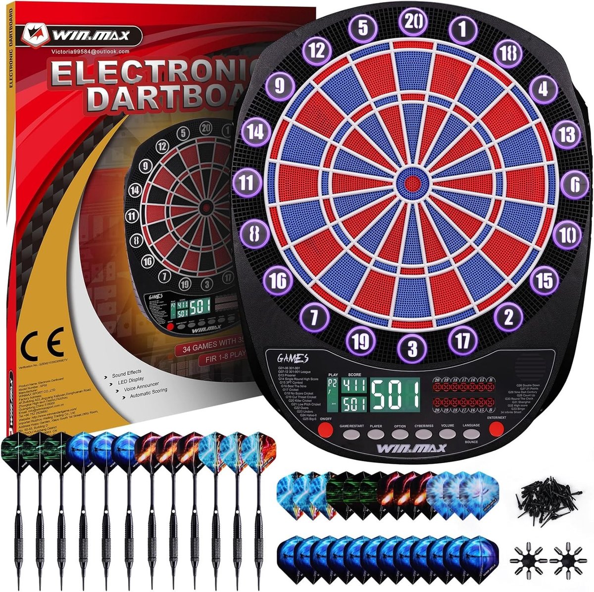Elektronisch dartbord met soft tip en LED-displays, dartbord-set met 12 dartpijlen en voedingsadapter, ideaal voor thuisgebruik en spelplezier