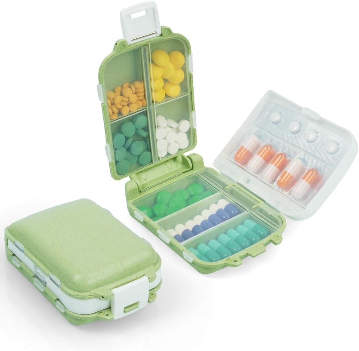 Drie-laags pillendoos organizer met 8 compartimenten voor vitamines, supplementen en medicijnen, ideaal voor reizen en dagelijks gebruik
