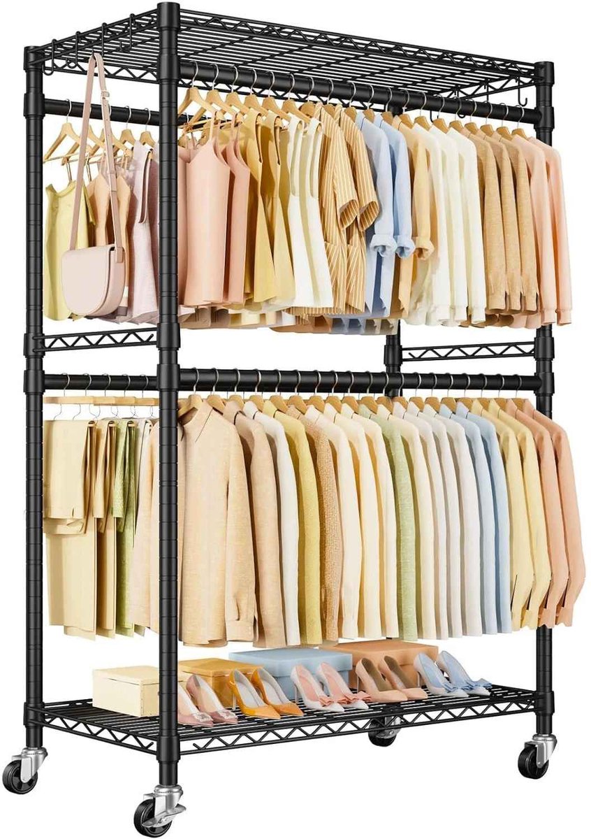 CORE Kledingrek op Wielen - 3-Laags Verstelbaar Kledingrek - Heavy Duty Metalen Kledingstandaard - In Hoogte Verstelbaar - Verrijdbare Garderobestandaard met Opbergruimte - Ruimtebesparend - 115x40x183cm - Zwart