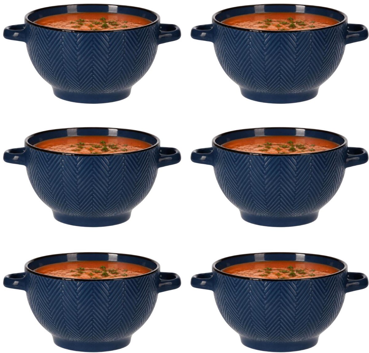 Siaki Soepkom Fishbone - 6x - met oor blauw - 14 x 18 x 8 cm - keramiek - kommetjes/schaaltjes - 680 ml