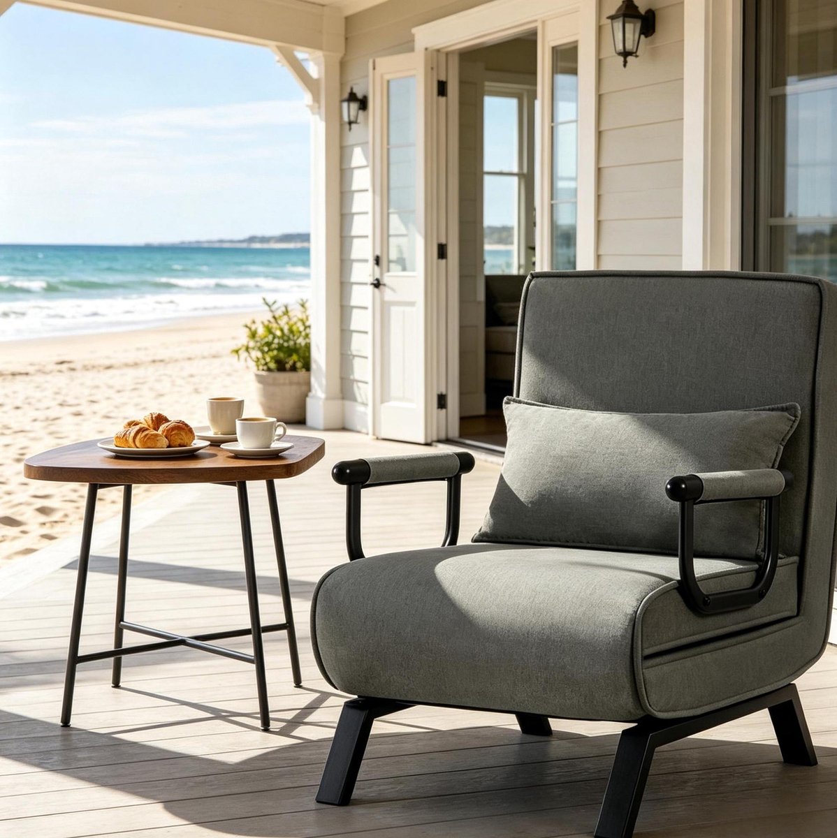 OKWISH Relaxfauteuil - 3 In 1 Fauteuilbed Met 5 Standen Verstelbare Rugleuning - Voor Woonkamer Slaapkamer Of Kantoor - Linnen En Metaal - Grijs