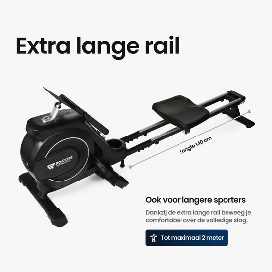 Zwarte roeitrainer met een extra lange rail van 140 cm, geschikt voor lange sporters.