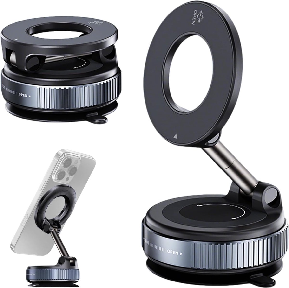 Telefoonhouder Auto Vacuüm - Magnetische Autohouder met Sterke N52 Magneet - 360° Draaibaar & Opvouwbaar - Geschikt voor Dashboard & Glas - Zwart