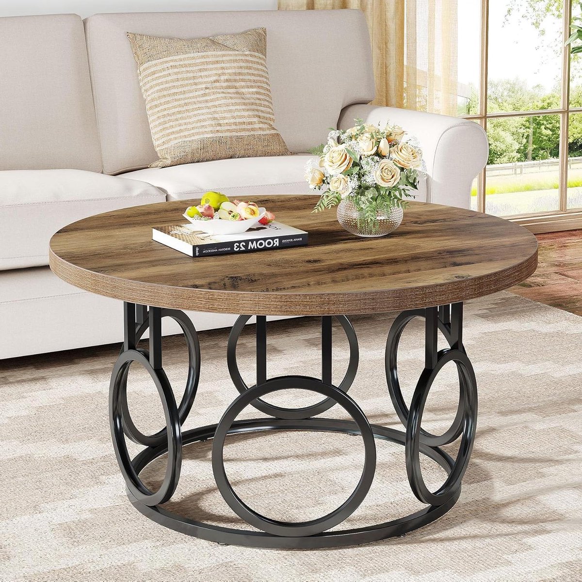 Ronde Salontafel - Koffietafel Hout Metaal - Woonkamer Inrichten - Elegante Industriële Stijl - 80 x 80 x 45 cm