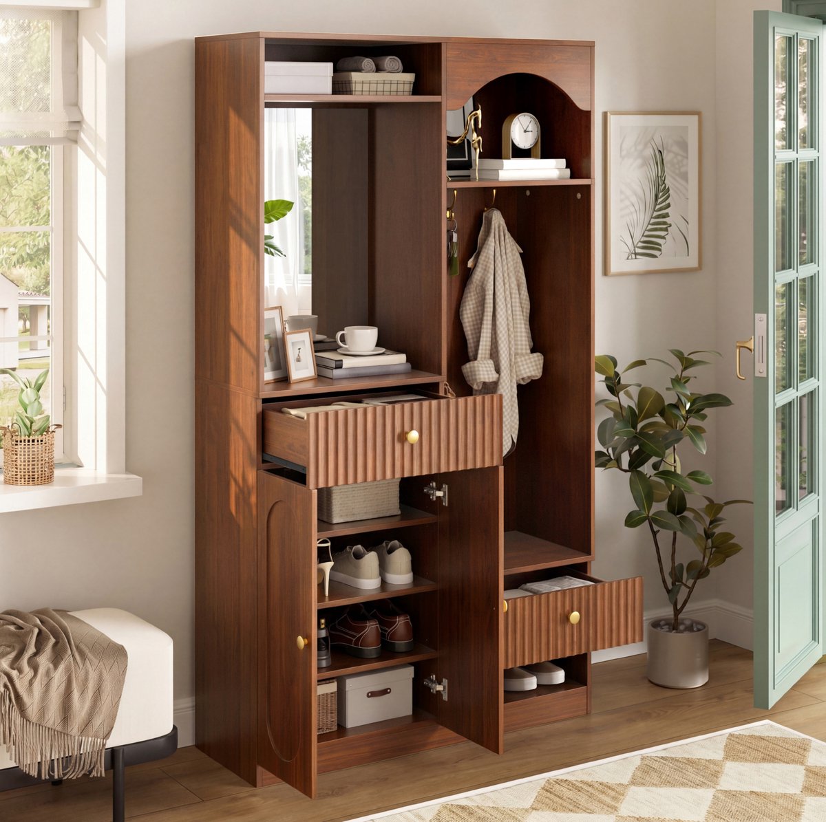 OKWISH Halmeubel - Spiegel, Zitbank En Schoenenopberging - 100 x 35 x 180 cm - Met Lades, Haken En LED - MDF Walnoot