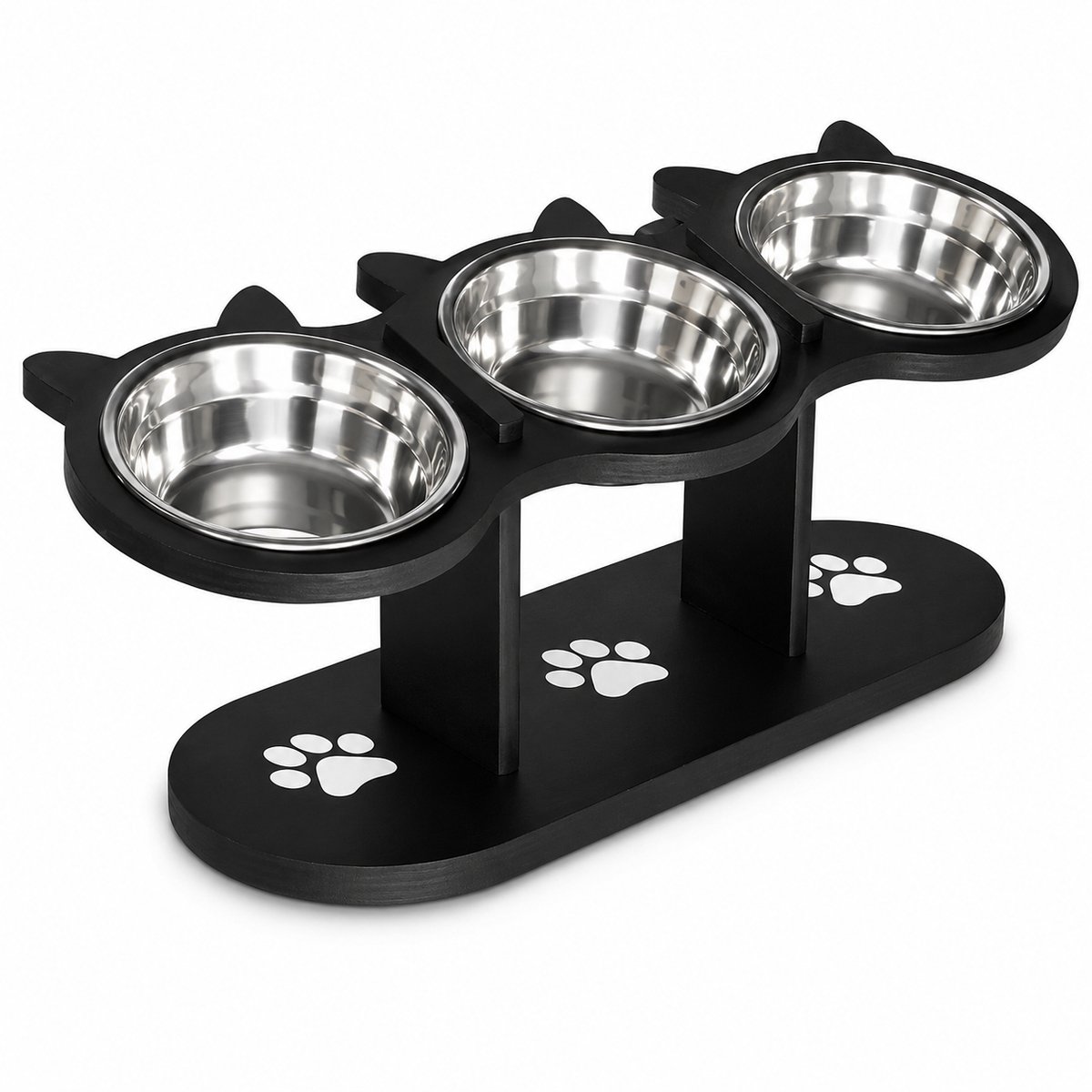 3 in 1 Verhoogde Voerbak voor Katten - Houten Voerstation met 3 RVS Bakjes - 15° Kantelbare Kattenbakjes voor Nekbescherming - Zwart Design - Geschikt voor Kleine Honden