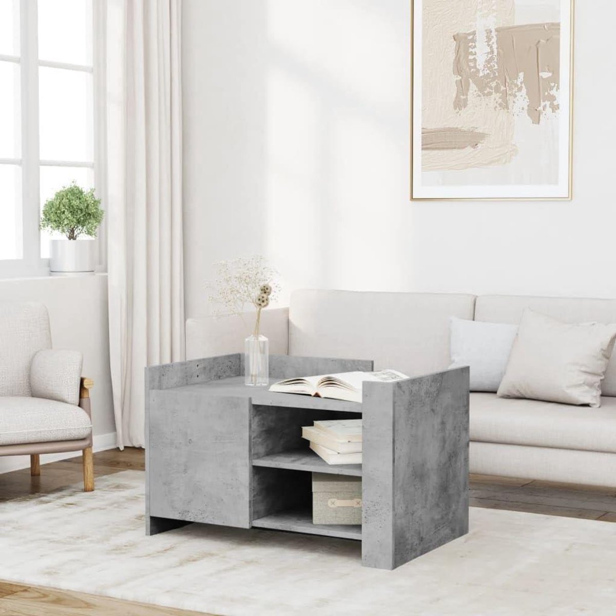 Salontafel Beton Grijs - Bijzettafel Koffietafel - Woonkamer Inrichten - Gecoat Spaanplaat - 80x50x50 cm - Grijs