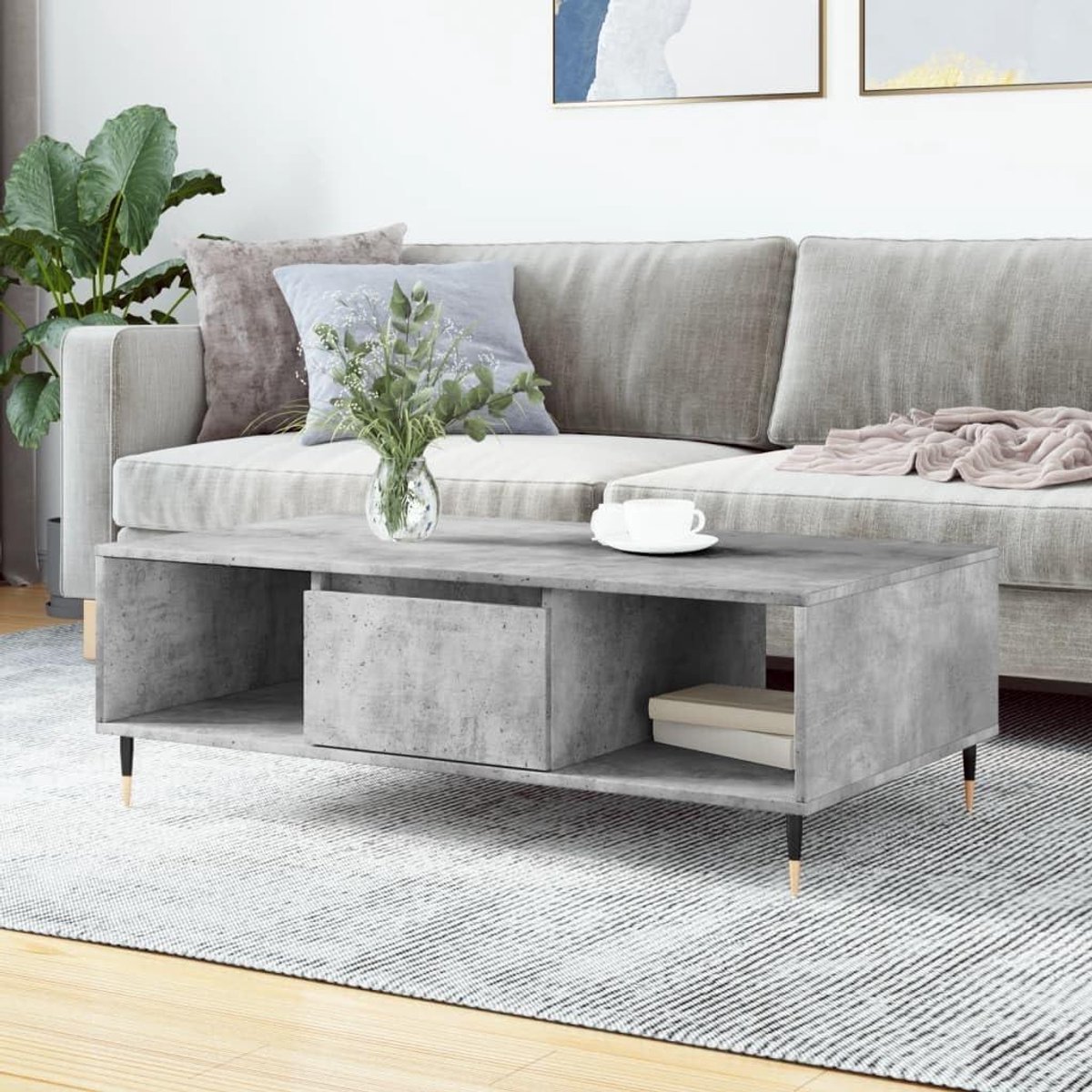 Salontafel - Bijzettafel Center Tafel - Woonkamer Inrichten - Met Opbergplank - 104x60x35 cm - Beton Grijs