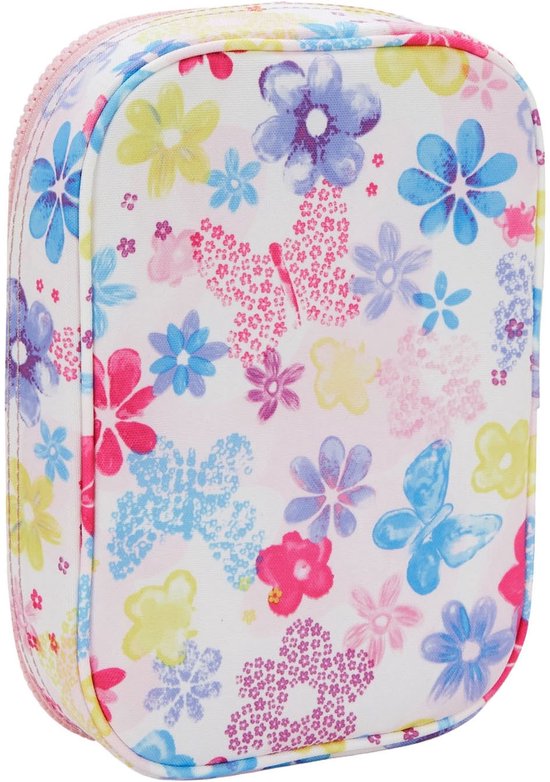 Wit etui met een print van kleurrijke bloemen en vlinders. Roze bies en naden.