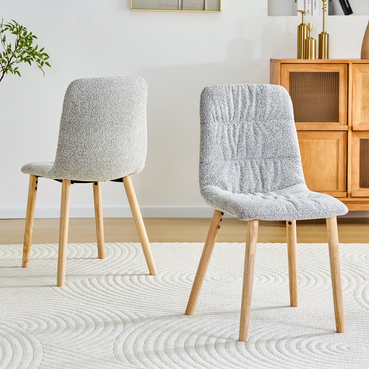 OKWISH Eetkamerstoel - 88 Cm - Ergonomische Rugleuning met Geplooide Stoffering - Voor Eetkamer en Keuken - Hout en Stof - Lichtgrijs