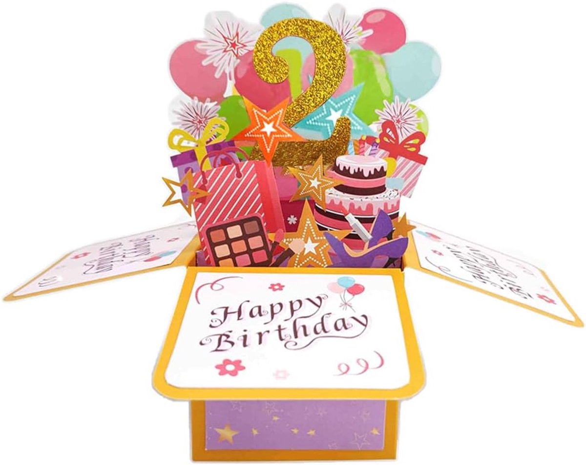 SnelShoppen - Happy 2e Verjaardag Pop Up Kaart voor Meisjes, 3D Verjaardagskaart voor Dochter, Nichte, Leuk Cadeau Idee voor 2 Jaar, Glitter Happy Bir