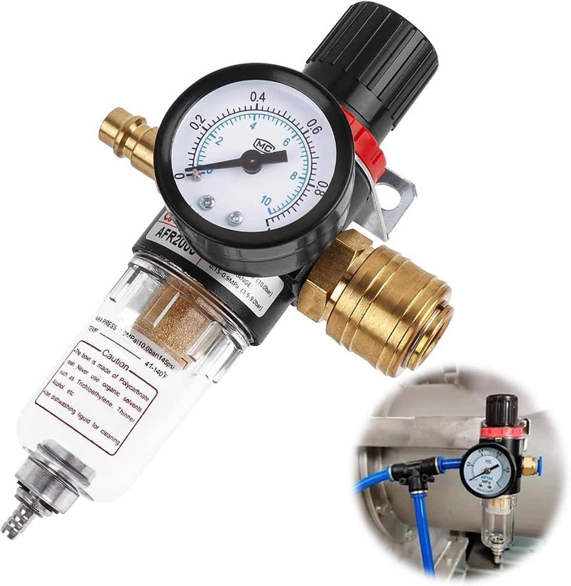 SnelShoppen - 1/4 Inch Compressed Air Maintenance Unit, Luchtregelaar met Filter en Waterseparator, Perfect voor Compressor Accessoires