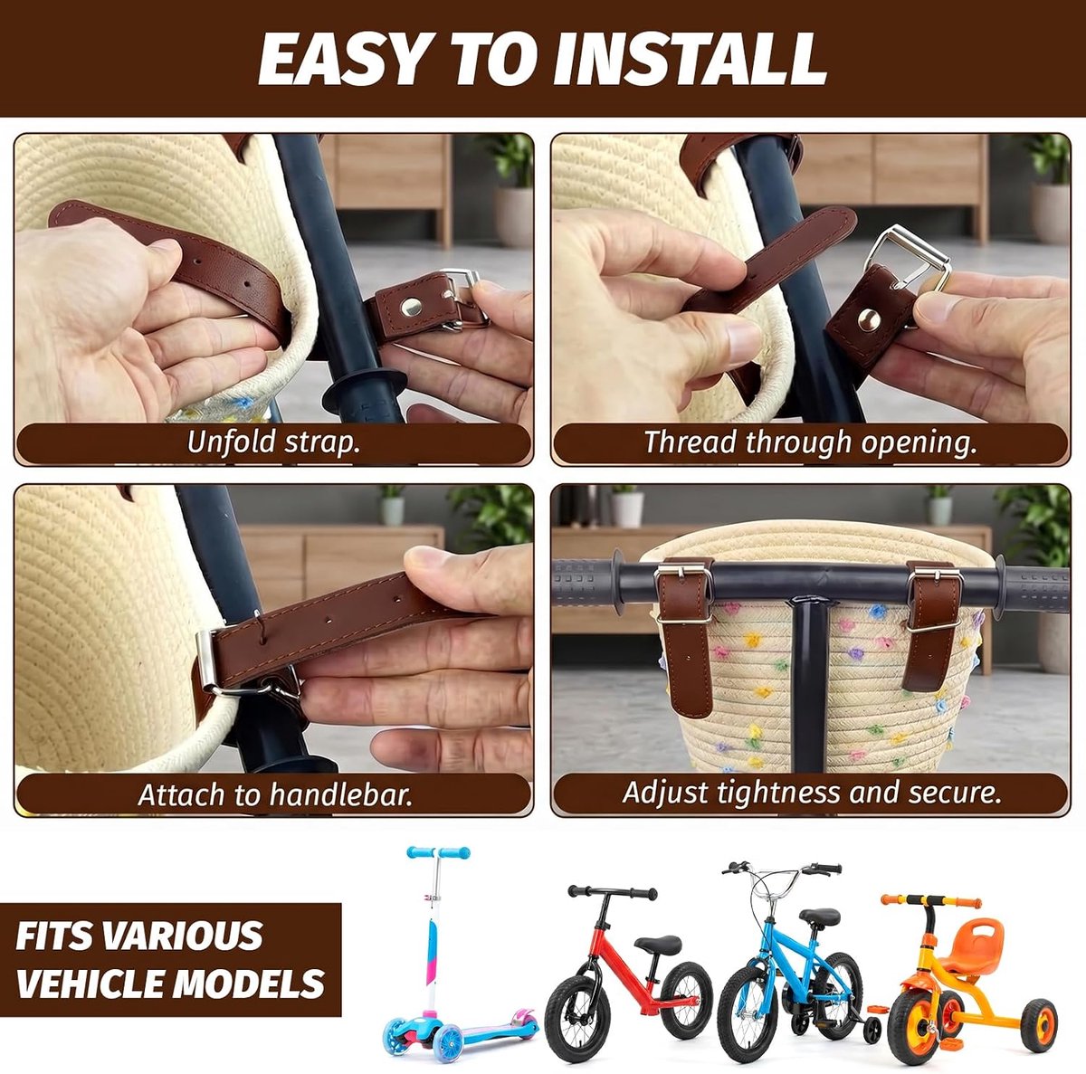 SnelShoppen - Fietsmand voorzijde - Gevlochten katoenen touw fietsmand Woom met bloemendecor - Perfect voor speelgoed, snacks, en meer - Duurzaam en f
