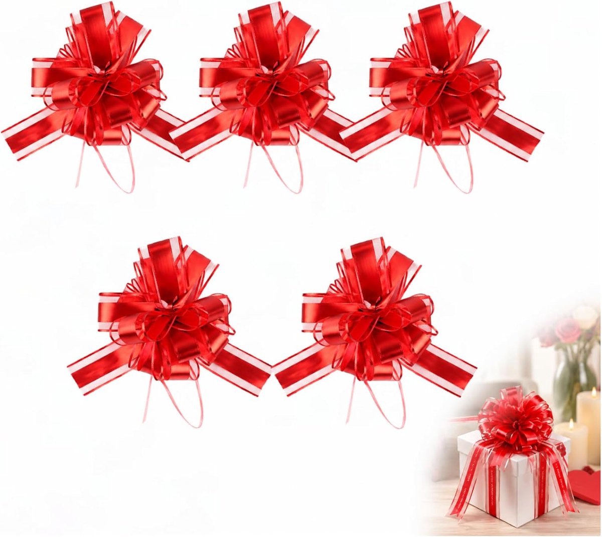 SnelShoppen - 5 Stuks Rode Geschenkstrikken Groot Formaat - Decoratieve Strikken voor Bruiloften, Verjaardagen, Feesten en Autodecoratie - 165 cm Lint