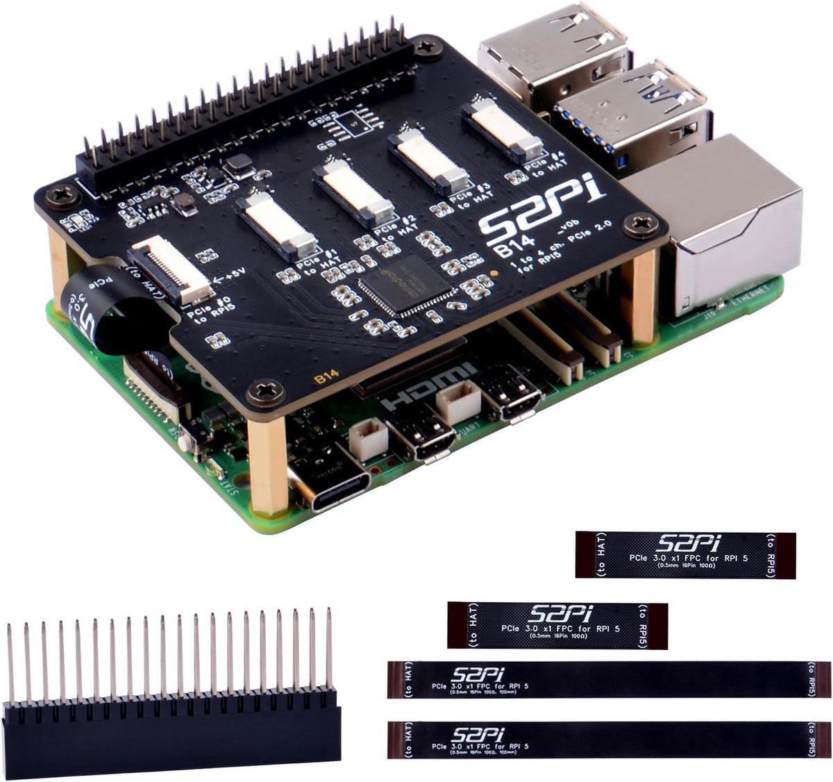 SnelShoppen - Quad PCIe HAT voor Raspberry Pi 5 - 4x FPC PCIe Interface met 40 Pin GPIO Pin Header - Ideaal voor Multitasking en Verbeterde Connectivi