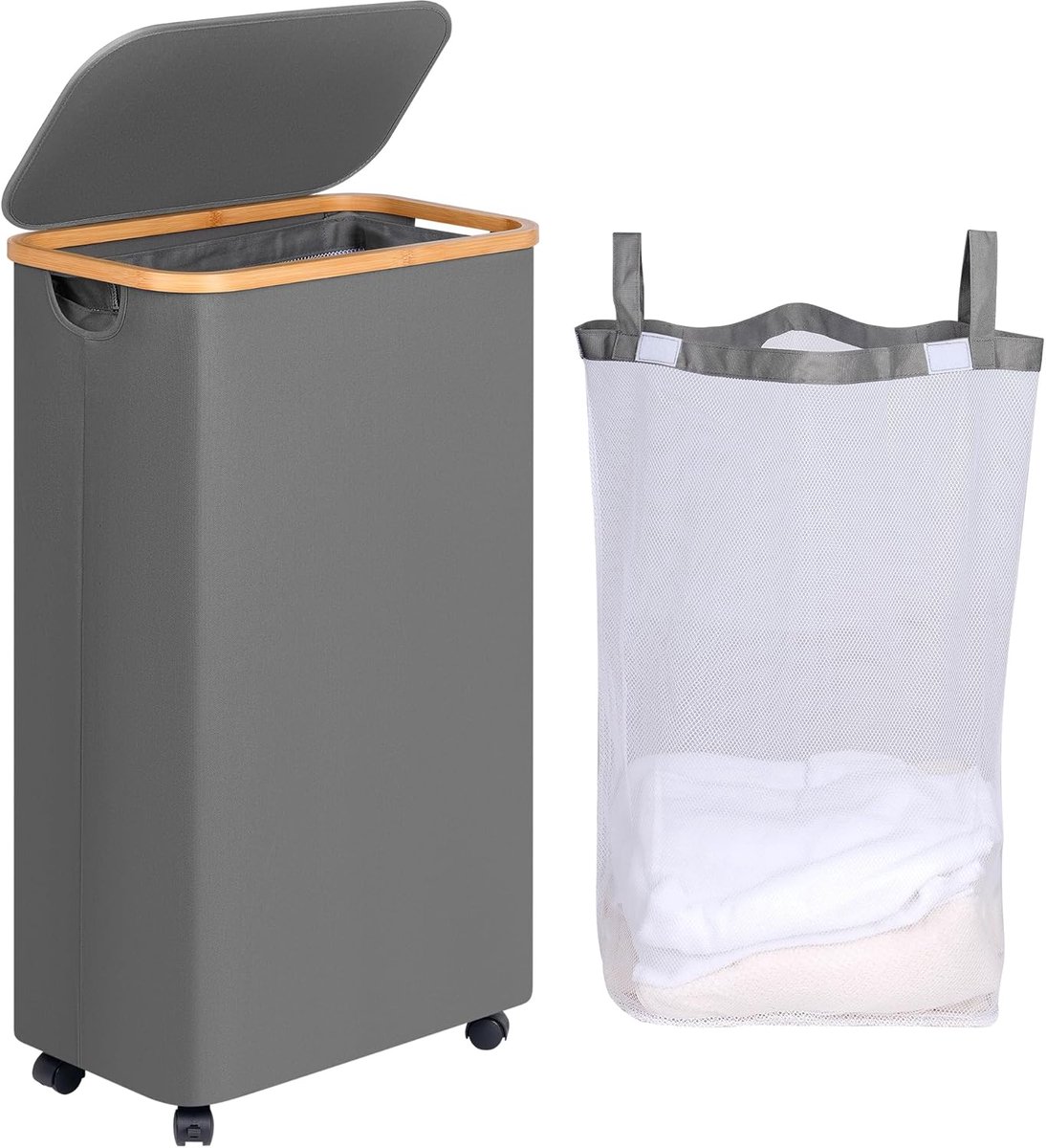 SnelShoppen - Slimme Wasmand met Wielen en Deksel, 75 Liter, Vouwbare Wasmand met Bamboe Handvatten, Grijs, Ideaal voor Badkamer, Slaapkamer en Wasrui