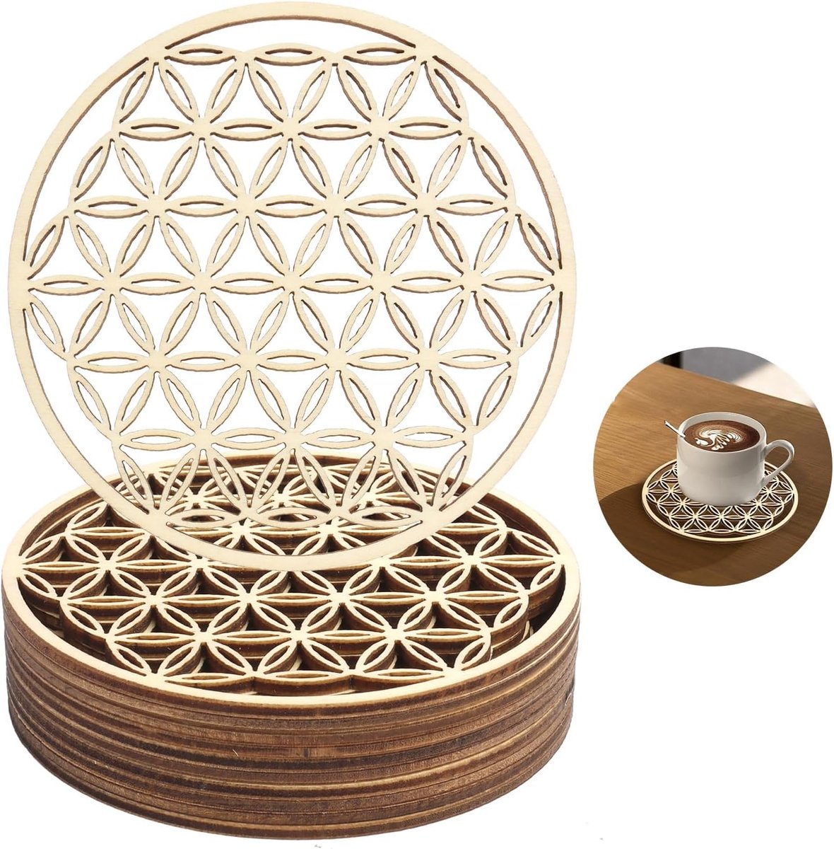 SnelShoppen - Set van 10 Houten Coasters, Flower of Life, 10 x 10 cm - Duurzaam en Hittebestendig, Ideaal voor Meditatie, Yoga Decoratie en Thuisgebru