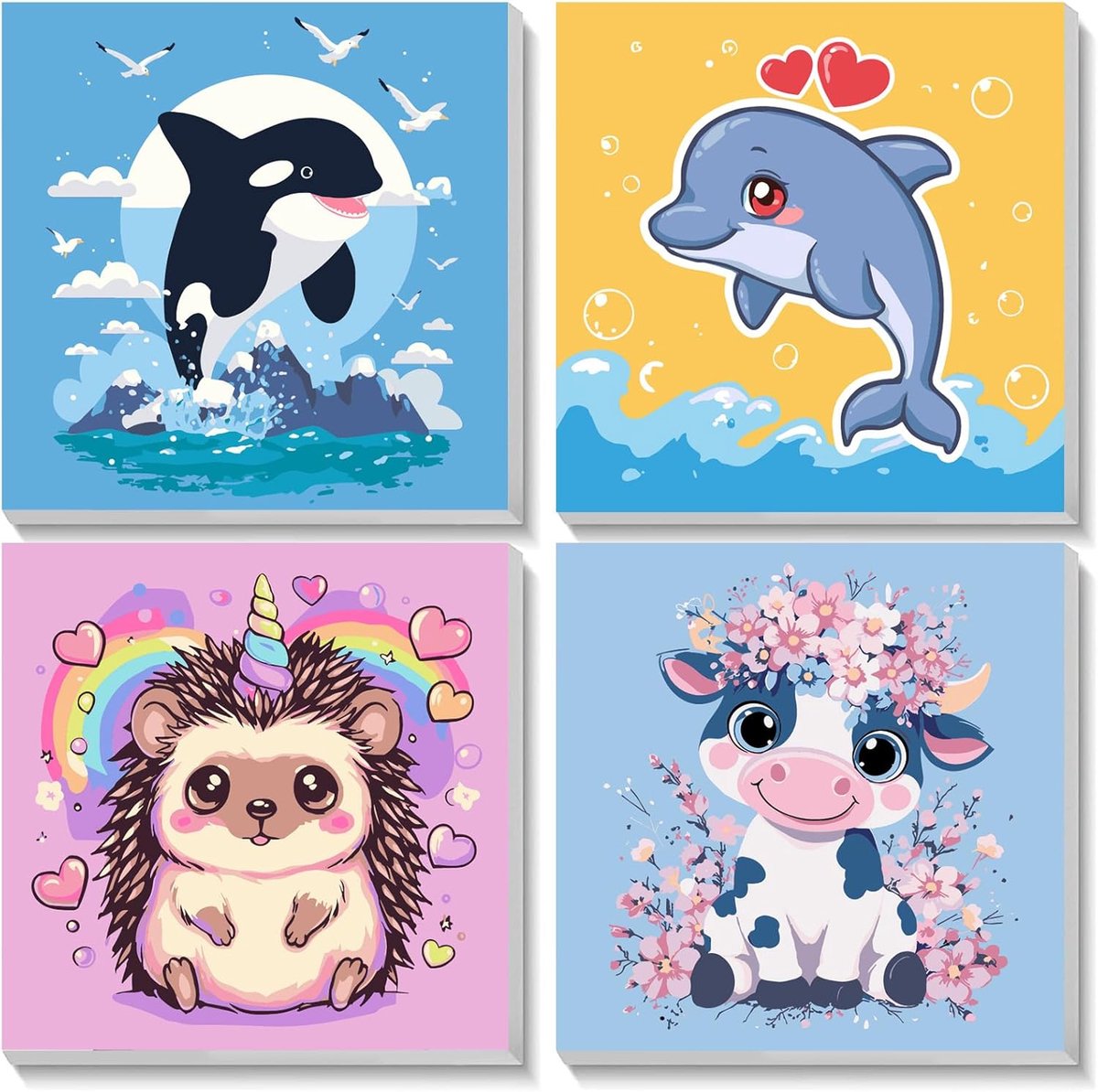 SnelShoppen - 4-Delig Schilderen op Nummer Set voor Kinderen - Dieren Schilderen voor Kinderen 6-8-12 Jaar met Frame - Orca, Dolfijn, Egeltje, Koe - D