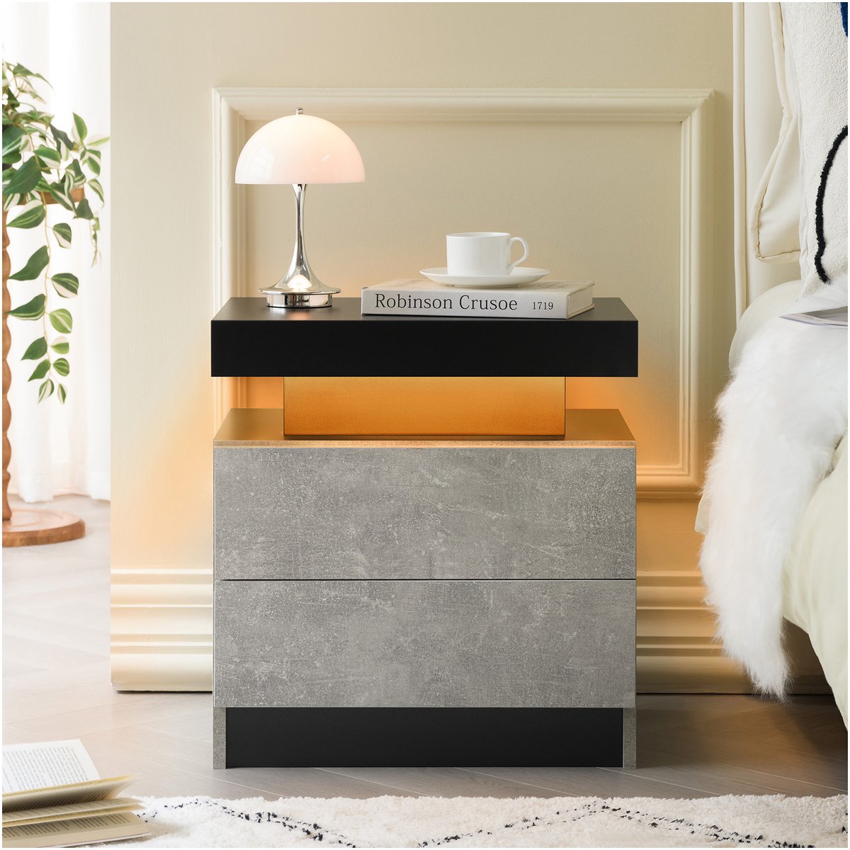 COVREO Nachtkastje 49 x 34,8 x 52,1 cm - grijs, 2 lades en verstelbare LED-verlichting