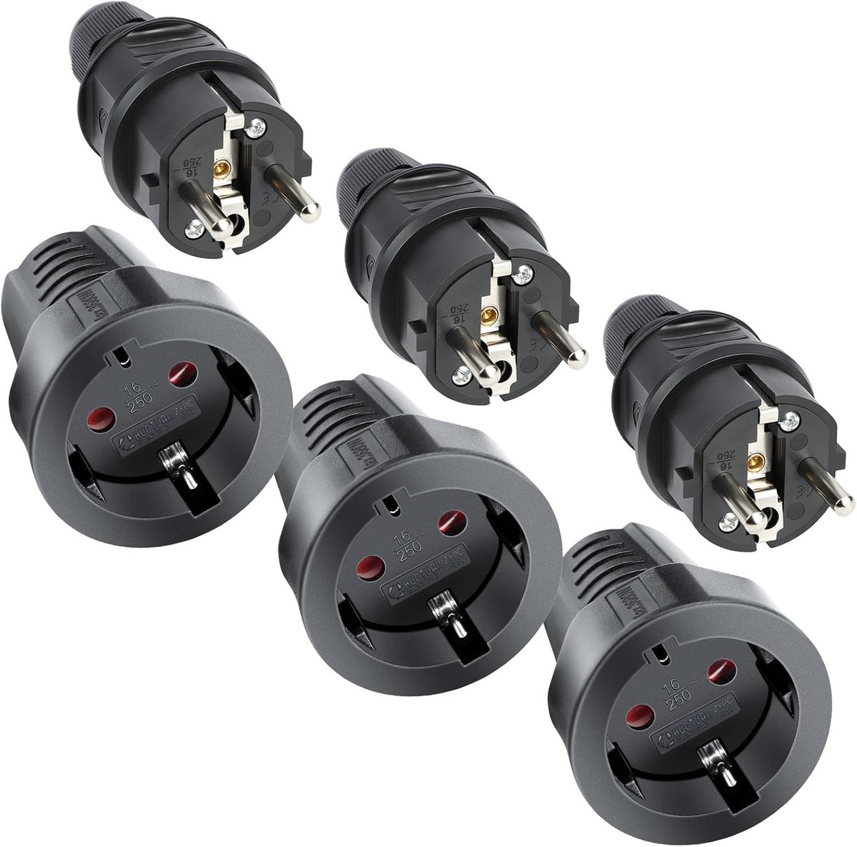 SnelShoppen - Pack van 6 Euro Plug Couplings, 250 V, 16 A Schuko Stekkers en Coupling Set, IP44 Buitengebruik, Waterdichte Stekker met Aardcontact, Du