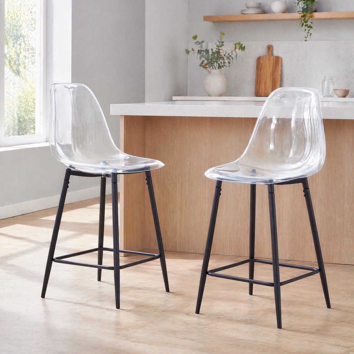 DESMIU Barkruk 51 x 45 x 102 cm - Set Van 2 Met Rugleuning En Voetsteun - Voor Keuken, Bar En Eetkamer - Kunststof En Metaal - Zwart Transparant
