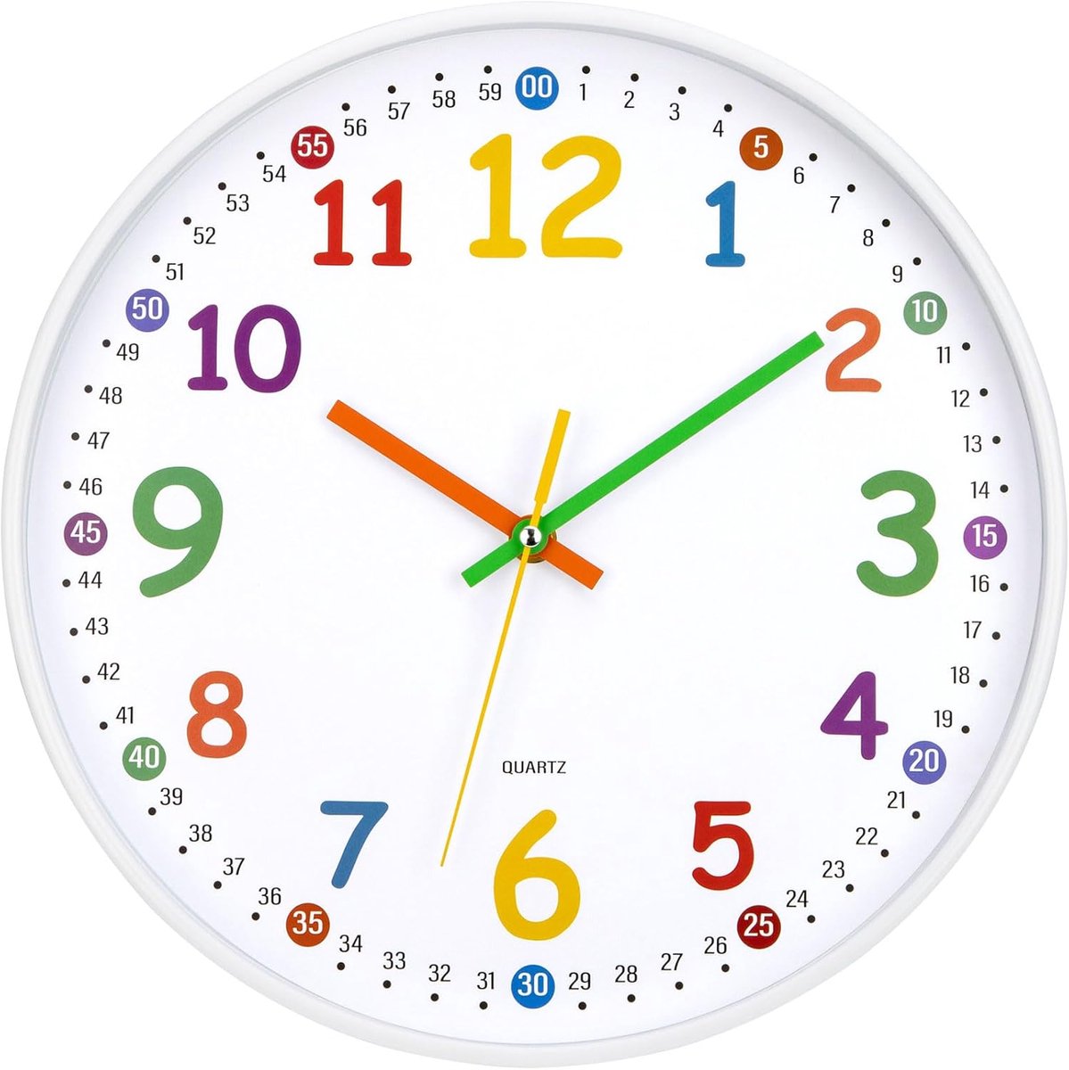 SnelShoppen - Wandklok Stil Modern 30 cm Quartz Met Kleurrijke Cijfers Voor Kinderen, Makkelijk Afleesbaar, Wit, Ideaal Voor Kinderkamer, Keuken, Slaa