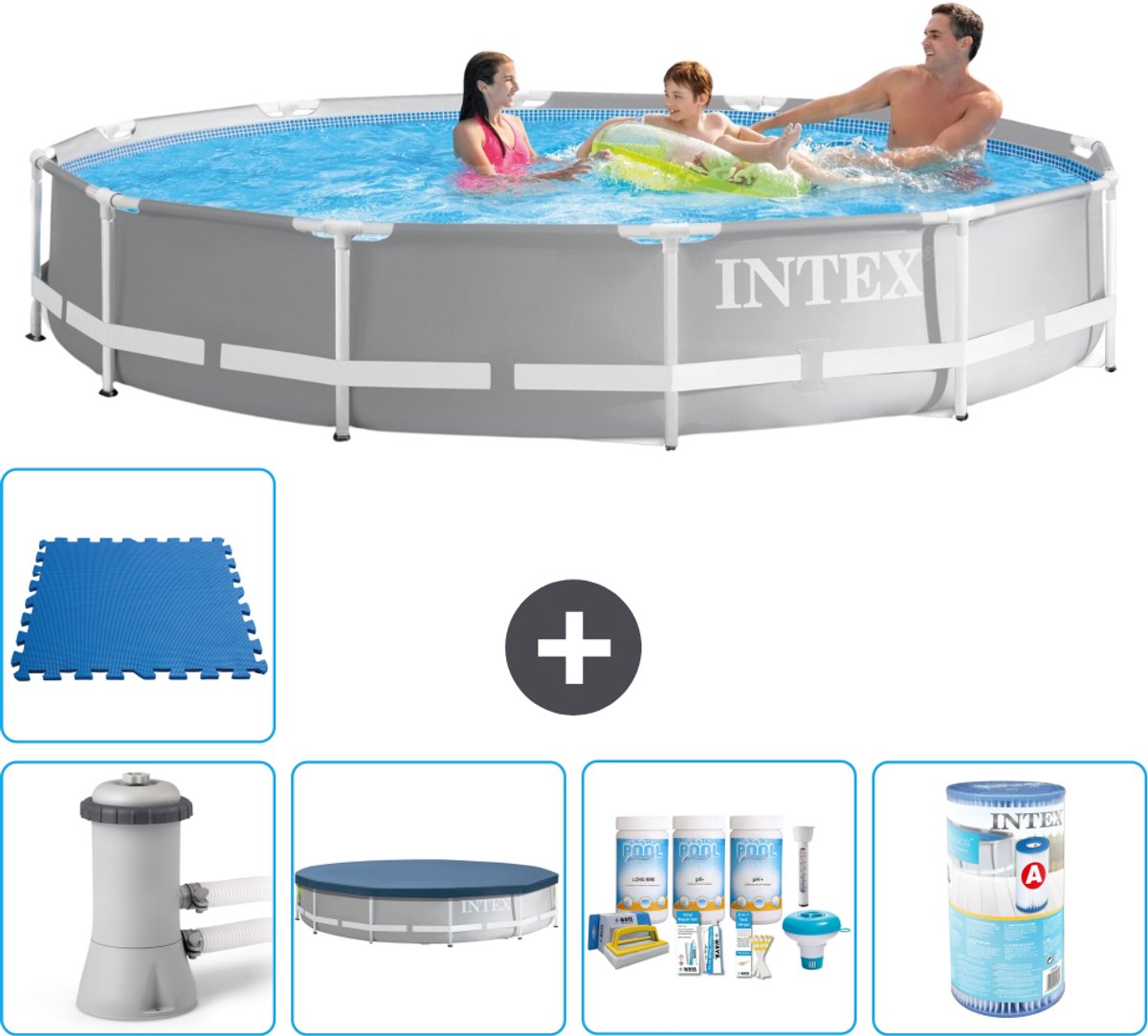 Intex Rond Prism Frame Zwembad - 366 x 76 cm - Grijs - Inclusief Pomp - Afdekzeil - Onderhoudspakket - Filter - Vloertegels - 6-delig