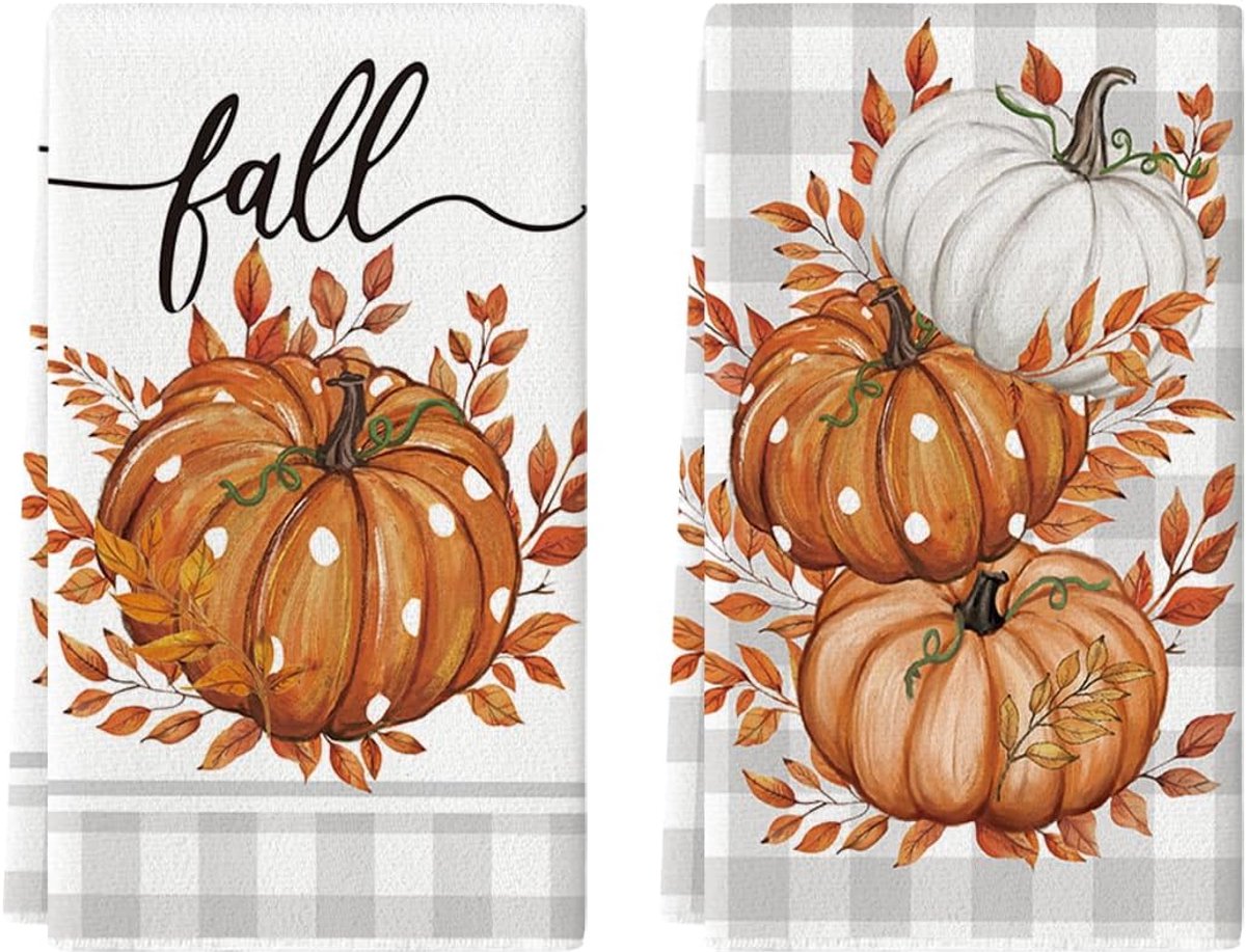 SnelShoppen - Set van 2 Keuken Handdoeken - 42x65 cm - Polyester - Oranje Pompoenen en Ahornbladeren - Herfstthema - Absorberend en Zacht - Voor Thuis