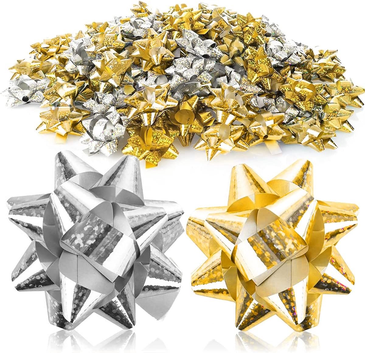 100 Stuks Zelfklevende Cadeaustrikken - Decoratieve Strikken voor Kerst, Verjaardag en Bruiloft, Ø 5cm, Holografisch Goud & Zilver