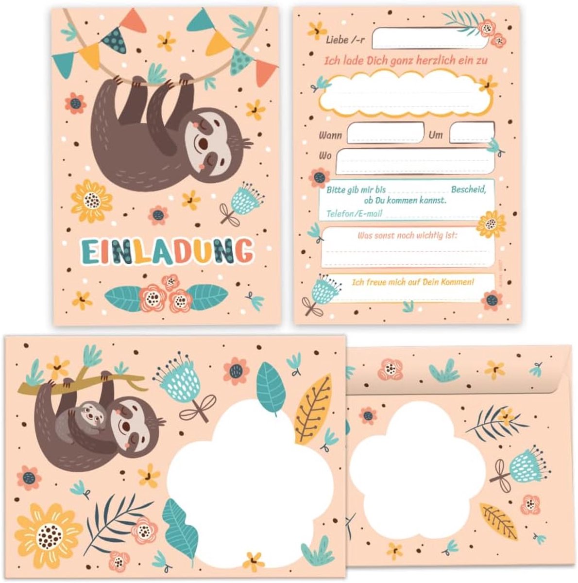 SnelShoppen - 12 Uitnodigingskaarten voor Kinderverjaardag inclusief 12 Enveloppen - Sloth Thema - 10.5x14.8 cm - Perfect voor Jongens en Meisjes - Fe