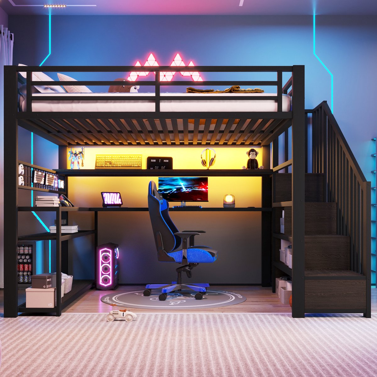 Hoogslaper 140x200 cm - Met LED, Bureau, Kledingkast en Opbergruimte - Zonder Matras - Metalen en MDF Bed Voor Slaapkamer - Zwart