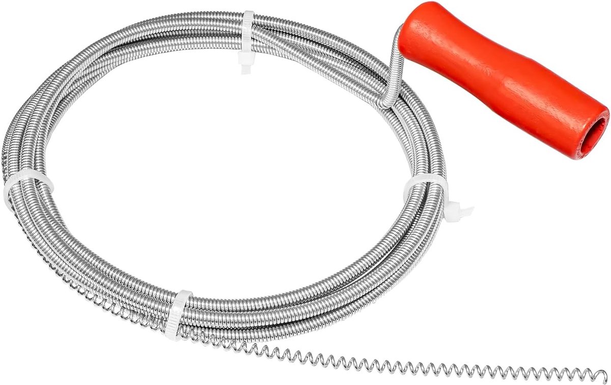 SnelShoppen - Pipe Cleaning Spiral 3 m x 5 mm - Afvoerontstopper voor Badkamer, Ideaal voor Haren en Vuil, Rubberized Handvat, Draaibaar Houten Handva