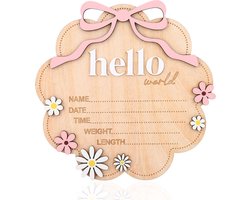 SnelShoppen - Hello World Pasgeboren Bord - Houten Baby Geboorteaankondiging Bord 15cm - Naambord Baby Informatie voor Meisjes - Babykamer Fotoprops