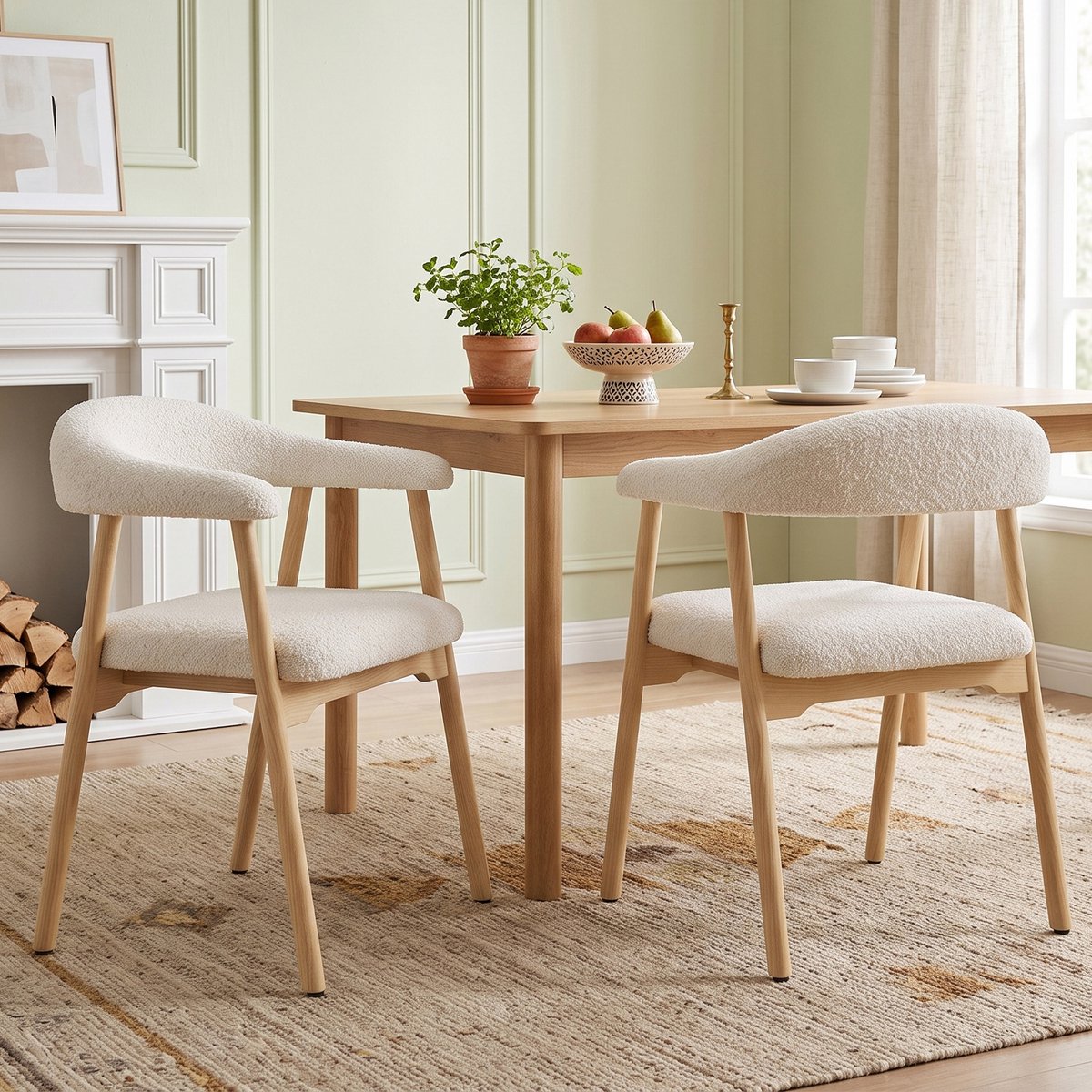 Pugsdrly 2 eetkamerstoelen van massief hout, comfortabel en ademend, geschikt voor eetkamer, woonkamer, cafés, moderne stijl, bouclé, natuurlijke houtkleur + beige
