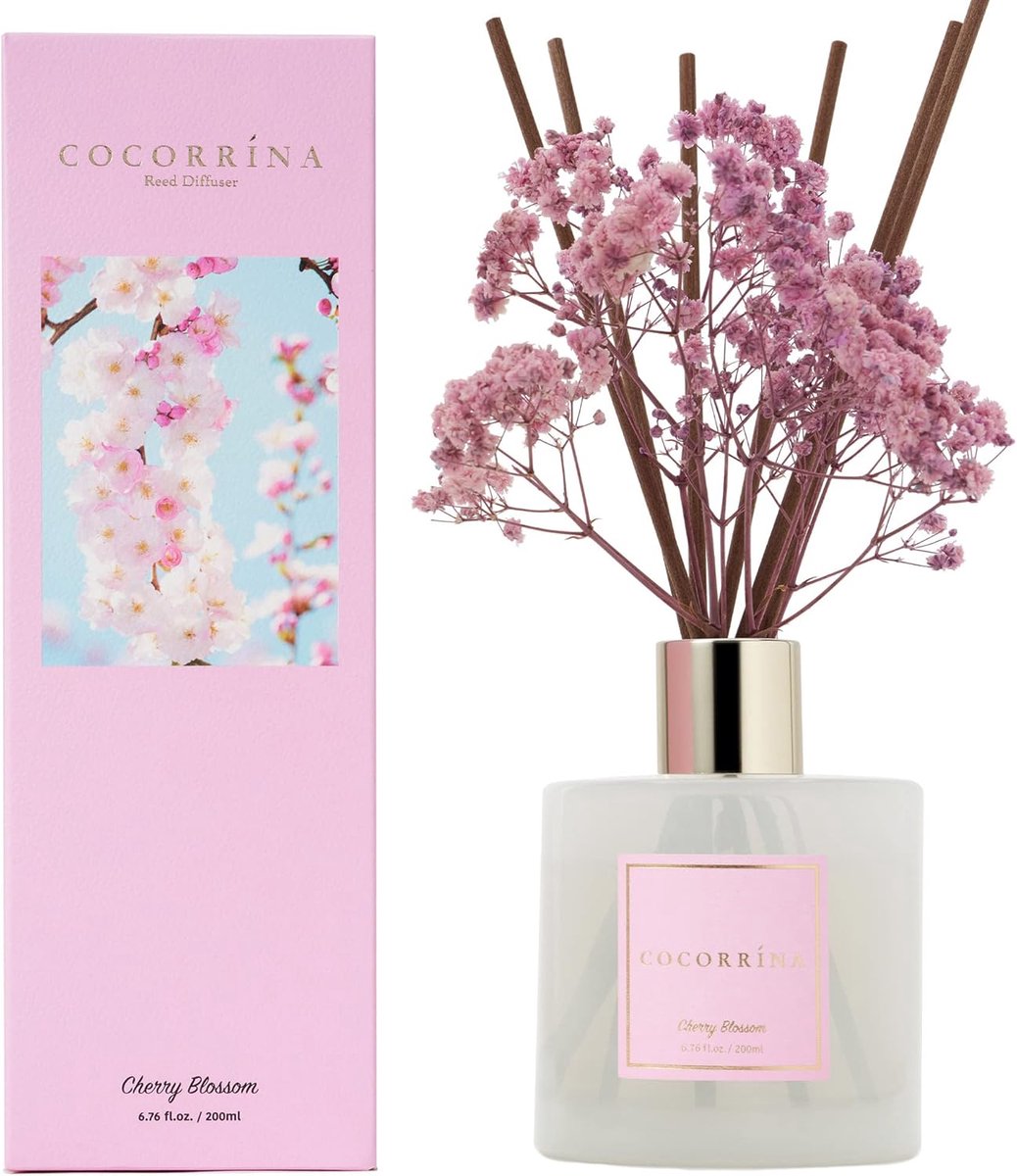 SnelShoppen - Reed Diffuser Set 200ml Kersenbloesem Geur met Sticks - Aroma Diffuser voor Slaapkamer, Badkamer en Woonkamer - Decoratie voor Thuis & K