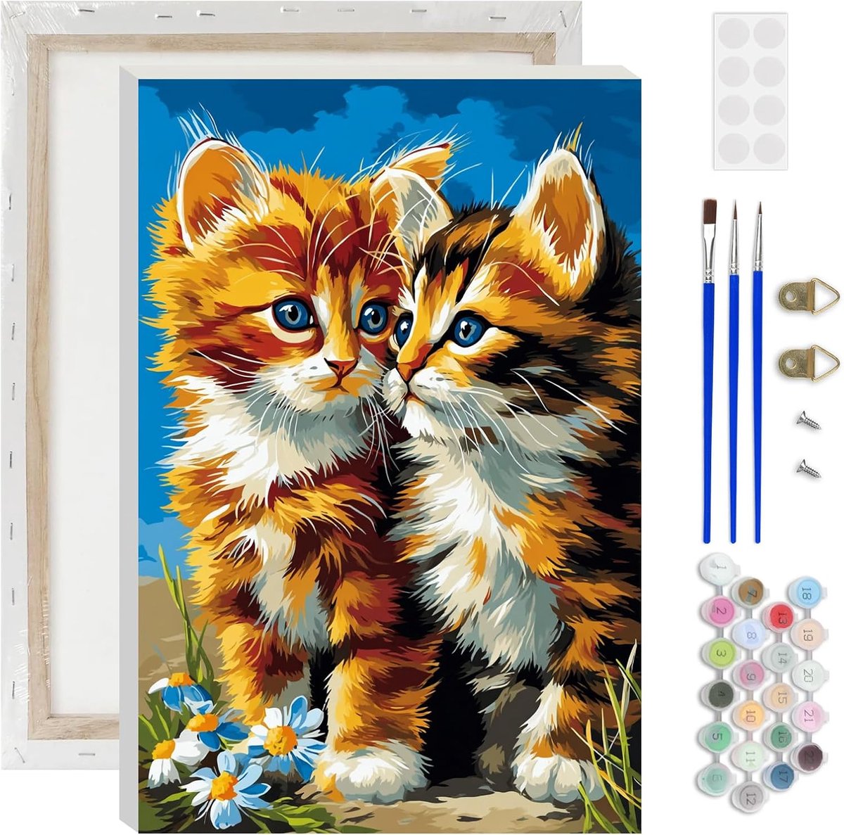 SnelShoppen - Schilderen op Nummer voor Volwassenen - DIY Handgeschilderd Schilderij Kit met Schattige Kitten Motieven - 20 x 30cm - Inclusief 3 Pense