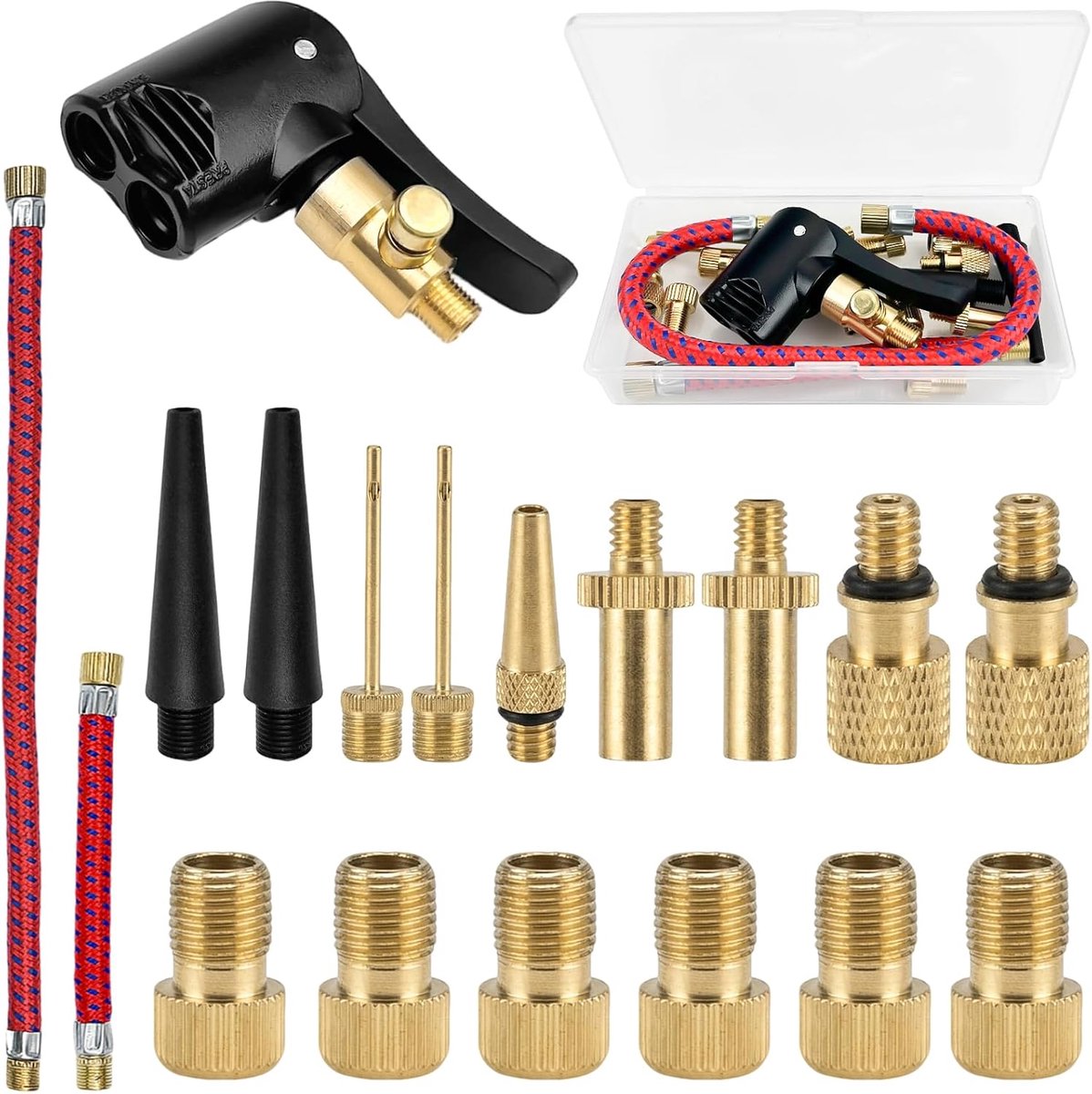 SnelShoppen - 15-delige Fietsventieladapterset, Autoventieladapter, Franse Ventieladapter, Compressor Ventieladapter, Luchtpomp, Balnaald, Rood, 11 cm