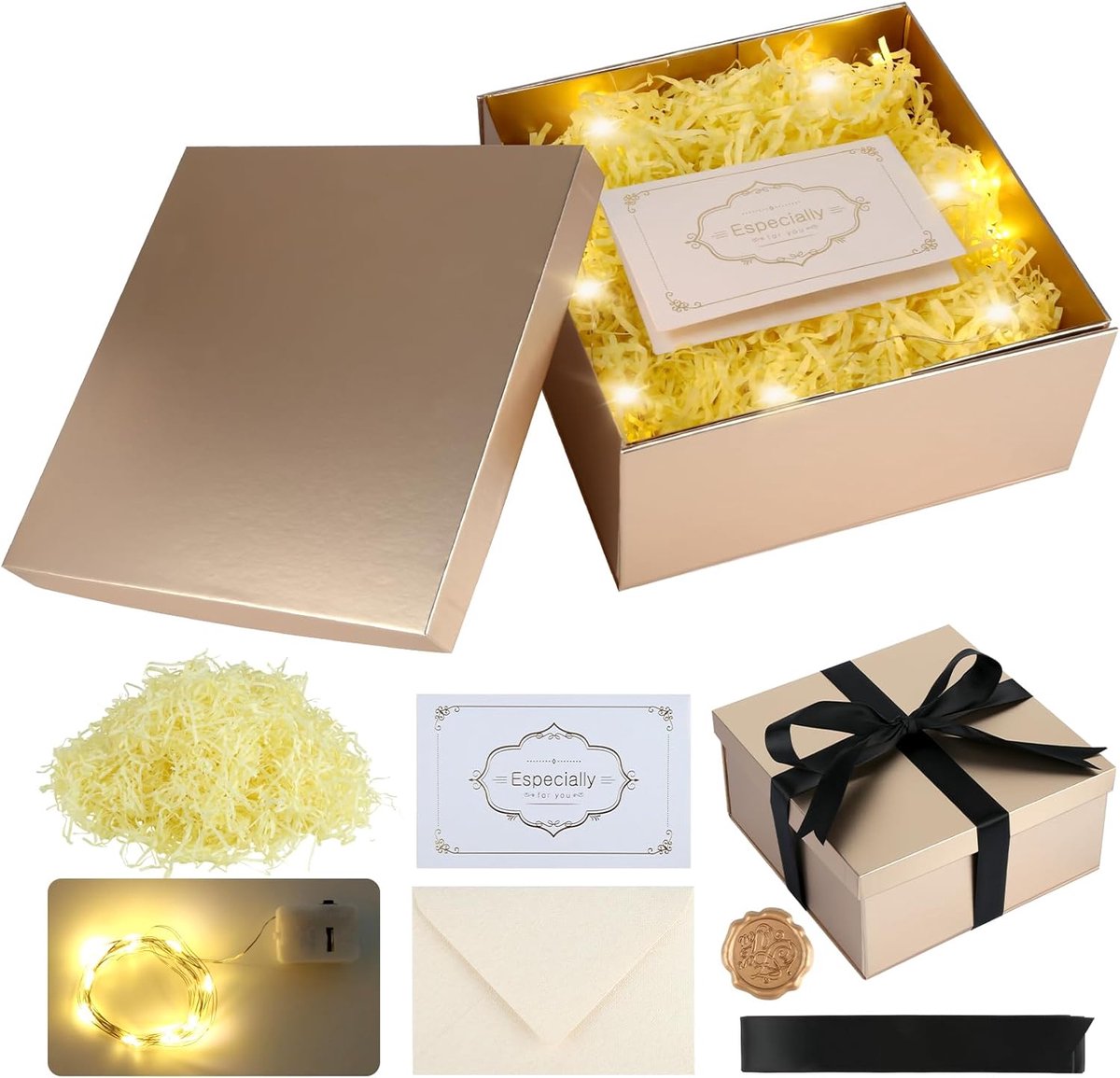 SnelShoppen - Gift Box met Deksel Set 20x20x10 cm, Vouwbare Cadeaubox met Lint, Wenskaart, Envelop, Envelopstempel, Raffia Vullingen, LED Licht voor V