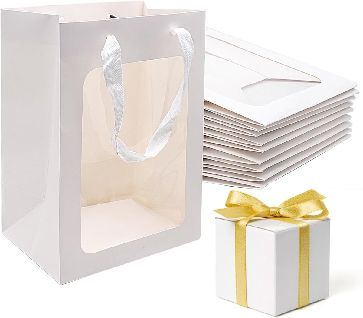 SnelShoppen - Pack van 10 Kraft Papier Cadeauzakken met Venster, Herbruikbare Gift Bags voor Verjaardagen, Trouwen, Feesten, Milieuvriendelijk en Wate