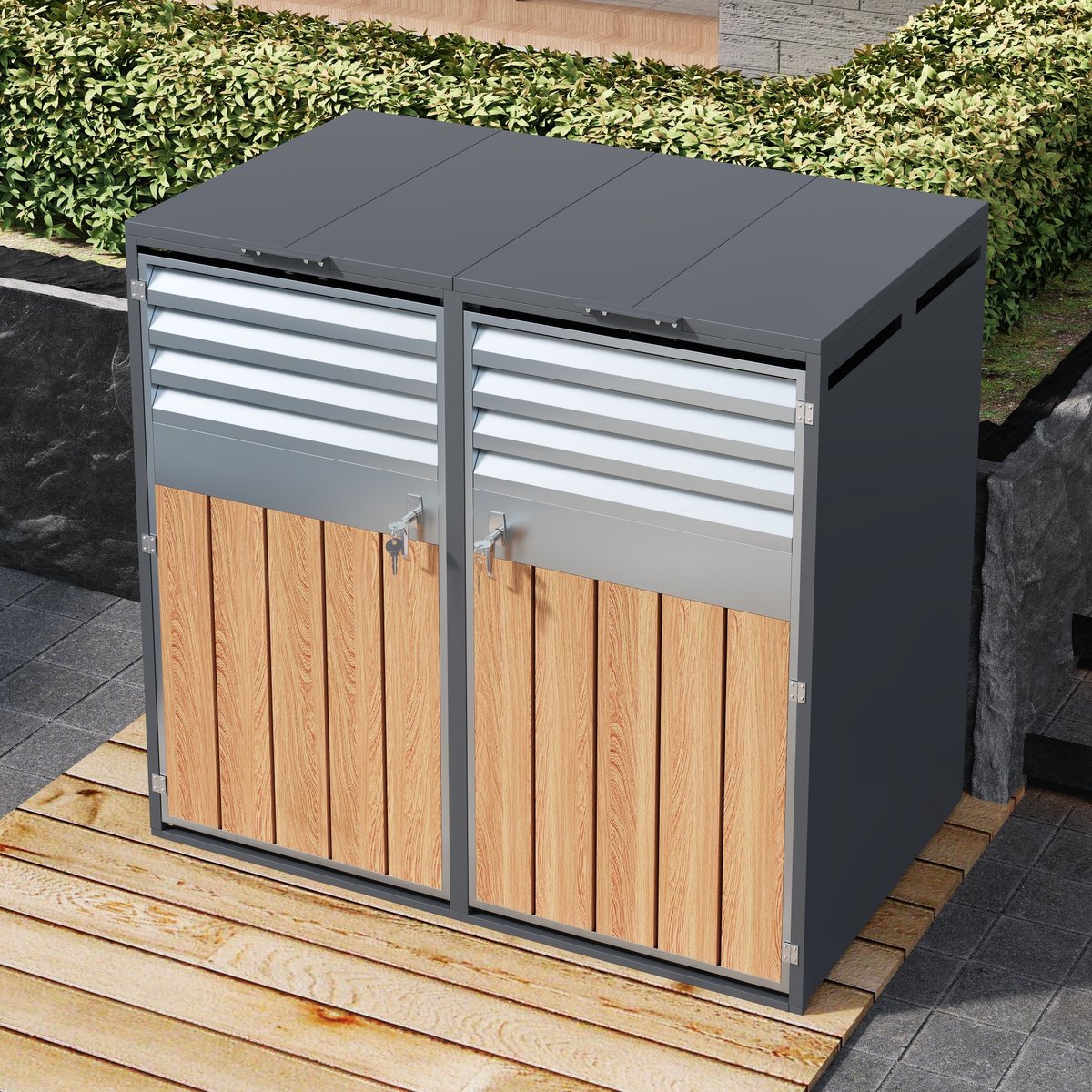 FloraGrace Containerberging – 132 x 80 x 118,5 cm – Afsluitbaar 2-Vaks Ontwerp – Metaal Met Houtlook – Grijs – Voor Buiten